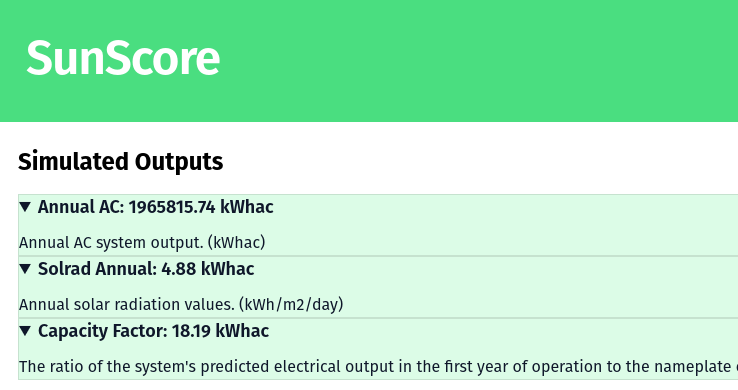 Projected outputs for Sunscore - a tool for getting energy outputs for solar assets